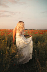 young beautiful blonde woman in white dress in poppy field at sunset. Woman and nature