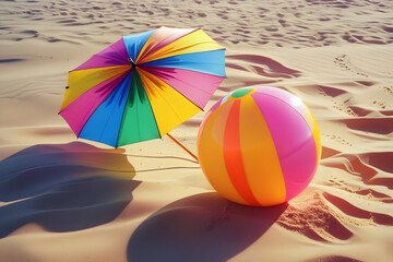 Colorful beach umbrella and ball on sunny sand bright summer vacation scene

