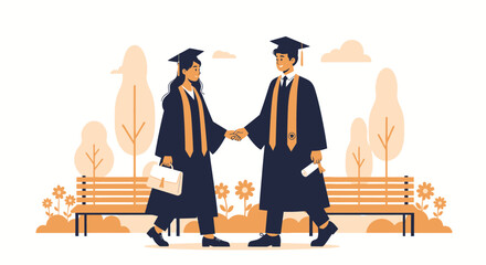 Graduation Day Congratulations Between Friends Celebrating Academic Achievement In Outdoor Setting