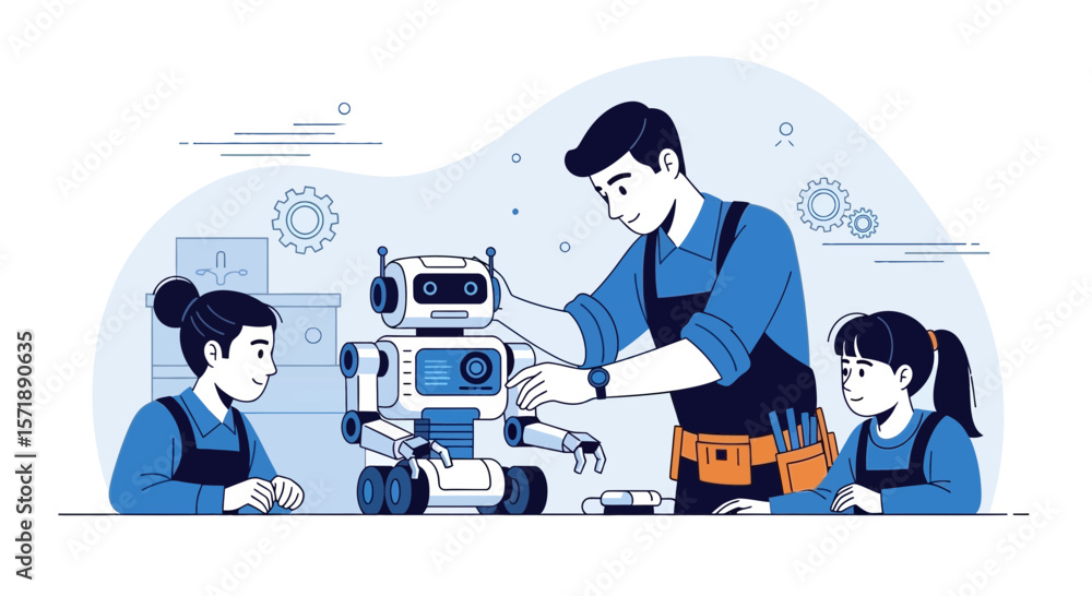 Poster father and children constructing and studying a robotics project at home