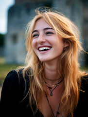 Obraz premium Blonde woman wearing necklaces is laughing outdoors