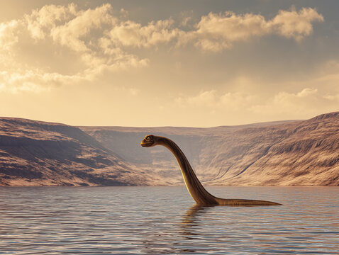 Loch ness monster swimming in lake at sunset