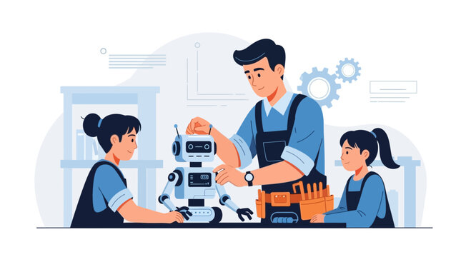 Father Teaches Children Assembling Robot Creative Engineering Education Concept
