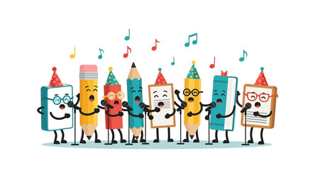 Cartoon School Supplies Choir Singing With Microphones And Music Notes