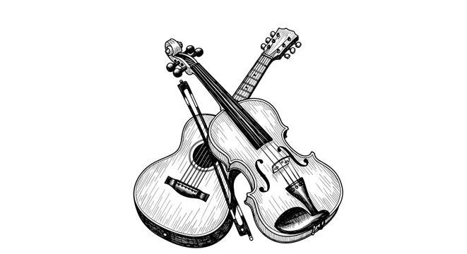 Vintage sketch doodle violin and guitar, antique musical instruments