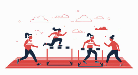 Fototapeta premium Female Athletes Preparing For Hurdle Race Overcoming Obstacles With Perseverance
