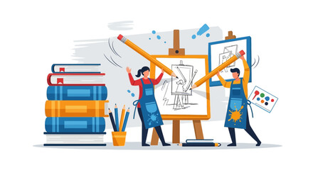 Creative Duo Celebrating Artistry With Oversized Pencils In A Vibrant Illustration
