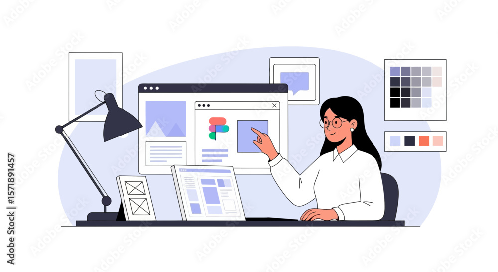 Poster female designer creating a digital layout for website interface concept