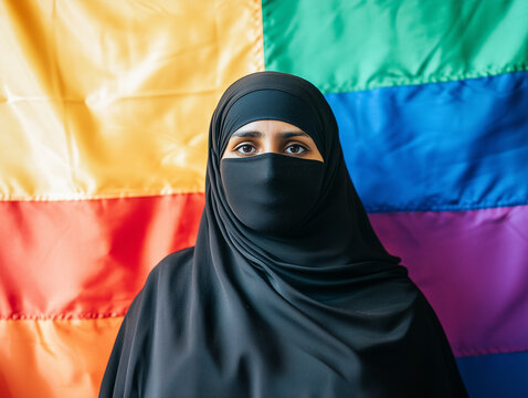 Muslim woman wearing niqab with rainbow flag: lgbtq+ rights and islam