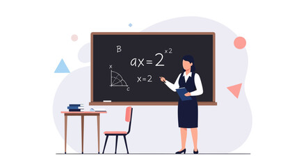 Fototapeta premium Female Professor Teaching Algebra Equation on Blackboard in Classroom Illustration