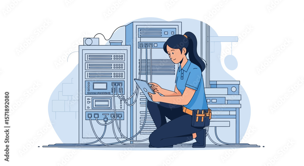 Poster female technician configuring server racks with tablet inspecting datacenter network
