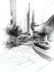 Fototapeta premium This artistic representation features a detailed urban environment. It highlights modern buildings intertwined with greenery, showcasing landscaped pathways that invite exploration.