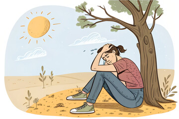 Young Woman Resting Under Tree in Hot Desert Landscape