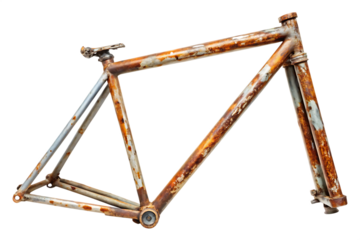 Heavily rusted bicycle frame with peeling paint and worn metal textures isolated on a transparent background