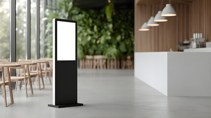 Digital signage display with blank white screen in a modern cafe or restaurant. Marketing kiosk for promotional advertisement.