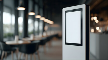 Blank digital information stand in a modern cafe. Interactive kiosk for promotional advertising and self-service in public spaces.