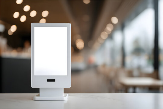 Blank digital information display screen standing on a counter in a modern blur cafe. Mockup for advertising media signage.