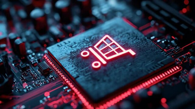 Glowing cart icon on a circuit board