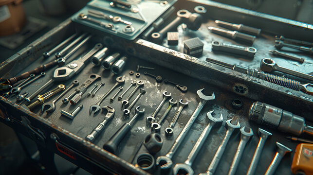A toolbox filled with an assortment of wrenches sockets and other mechanical repair tools neatly organized - Powered by Adobe