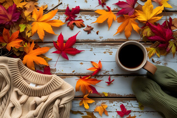 Cozy Autumn Flat Lay – Sweater, Coffee, and Fall Leaves on Rustic Wooden Background

