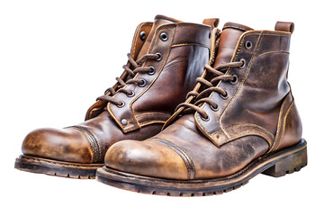 Pair of worn brown leather lace up work boots with cracked texture and dusty soles isolated on a transparent background