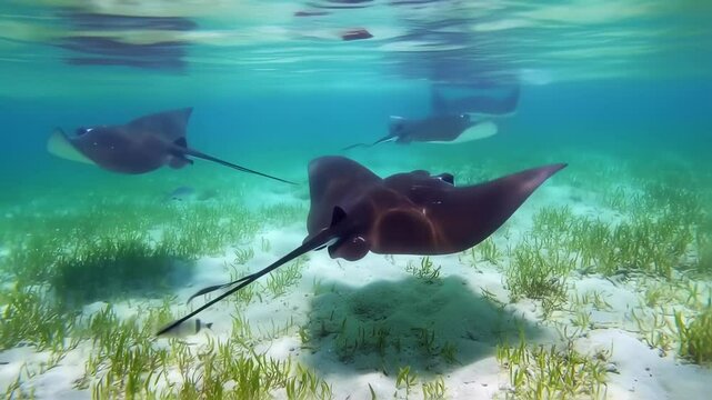 Graceful stingrays swimming in clear turquoise water over a sandy seabed and seagrass meadow,