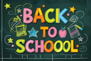 Back to school chalkboard illustration colorful hand drawn style with school icons

