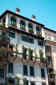 Fachada de una casa blanca con balcones y plantas