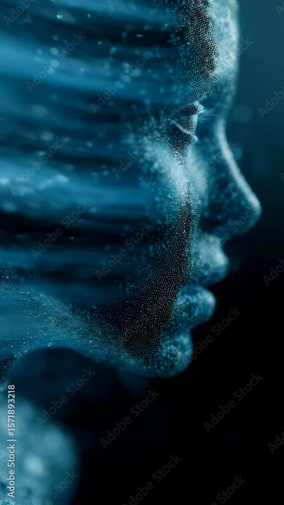Poster a digital visualization of an ai visage breaking free from swirling torrents of big data illuminated