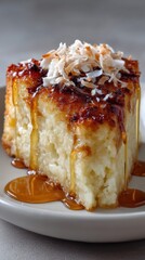Luxurious golden coconut cake slice with caramel drizzle