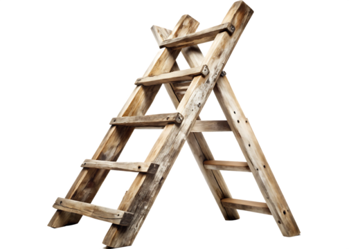 Weathered wooden A-frame ladder with chipped paint and rustic texture isolated on a transparent background