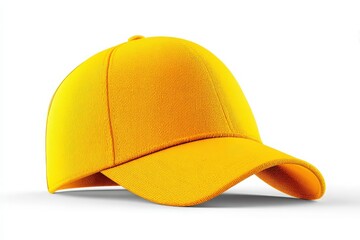 Fototapeta premium A vibrant yellow baseball cap is positioned slightly angled on a clean, neutral background. This stylish accessory is perfect for outdoor activities or casual outfits, adding a pop of color.