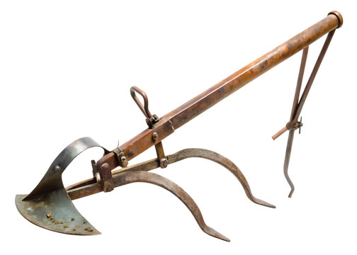 Antique metal and wood hand plow with curved tines and a share isolated on a transparent background farming tool