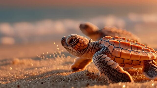 Baby loggerhead sea turtles crawling towards ocean at sunset