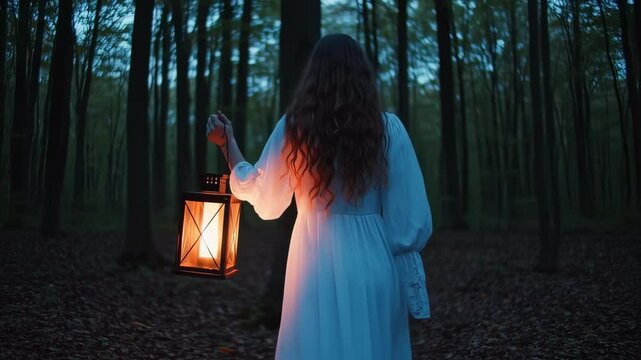 Woman in white dress walking through a mystical forest with an antique lantern