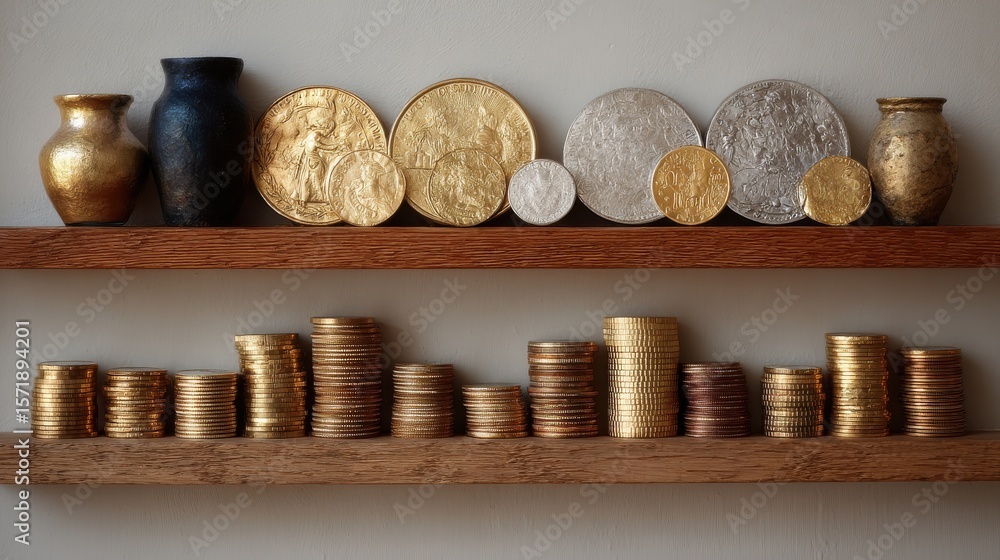 Poster plain shelf with minimalist coin collection in gold