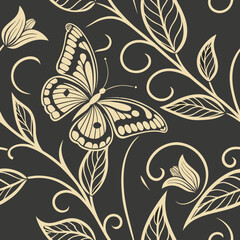 Fototapeta premium Butterfly and Floral Pattern: Seamless pattern featuring detailed butterflies and swirling floral vines on a dark background. Suitable for elegant fabrics, wallpapers, and nature-inspired designs.