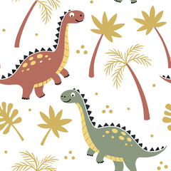 Cartoon Dinosaurs Kids Room: Playful seamless pattern featuring cartoon dinosaurs and palm trees in bright colors. Ideal for kids’ bedroom decor, nursery textiles, and playful children’s products.