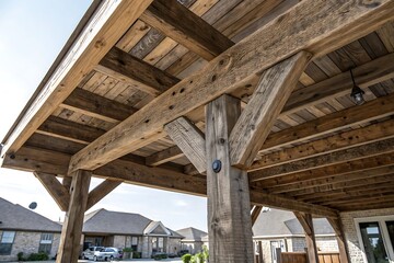 Fototapeta premium Rustic Wooden Pergola Structure with Weathered Beams and Detailed Joints for Outdoor Patio or Backyard Spaces
