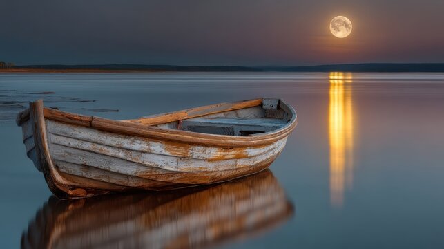 Weathered wooden rowboat floating on calm water