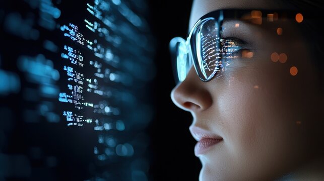 Data analysis focus female analyst with glasses office setting digital content modern environment close-up view technology insights