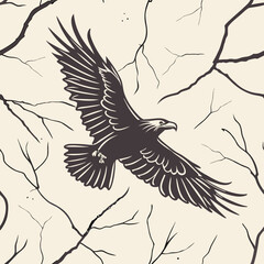 Obraz premium Flying Eagle and Branches Seamless Pattern: Seamless pattern featuring a majestic flying eagle with outspread wings surrounded by bare tree branches. Ideal for wildlife, nature, and rustic design them