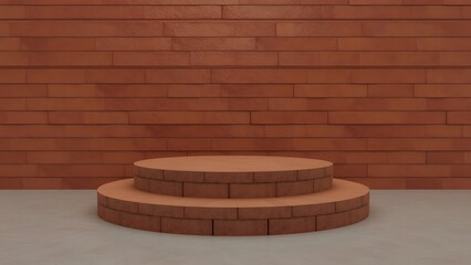 Two tiered circular wooden podium against a textured brick wall background