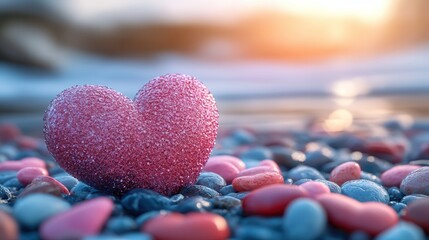 Fototapeta premium Love shaped in sparkling pink on a beach of colorful pebbles at sunset creating a magical moment