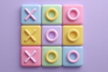 Naklejka premium A tic-tac-toe game is displayed on a purple background. The board features pastel-colored squares with circular and X shapes, showcasing a playful design ideal for children.
