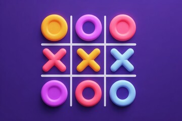 Fototapeta premium Brightly colored game pieces arranged on a tic-tac-toe grid highlight the playful spirit of this classic game. Circular and cross shapes in various colors add a lively touch to the violet backdrop.