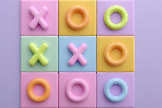 A colorful configuration of pastel tiles displays a tic-tac-toe grid. The game pieces consist of playful x and o shapes in soft, muted colors. The soft purple background enhances the cheerful vibe.