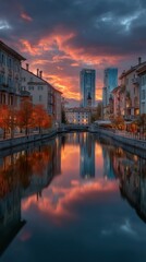 Naklejka premium Urban sunset over city skyline vibrant evening colors