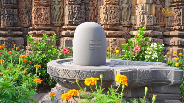 Hindu Shiva Lingam Shrine with Vibrant Flowers and Ancient Carved Stone Backdrop,India