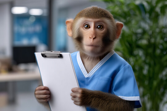 Monkey Doctor Holding Clipboard in Blue Scrubs Medical Concept